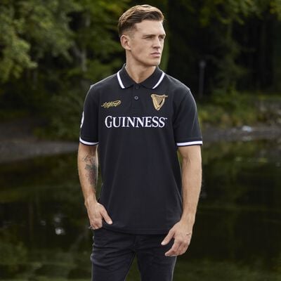 Guinness Black Polo Shirt With Harp Crest And Arthur Guinness Signature